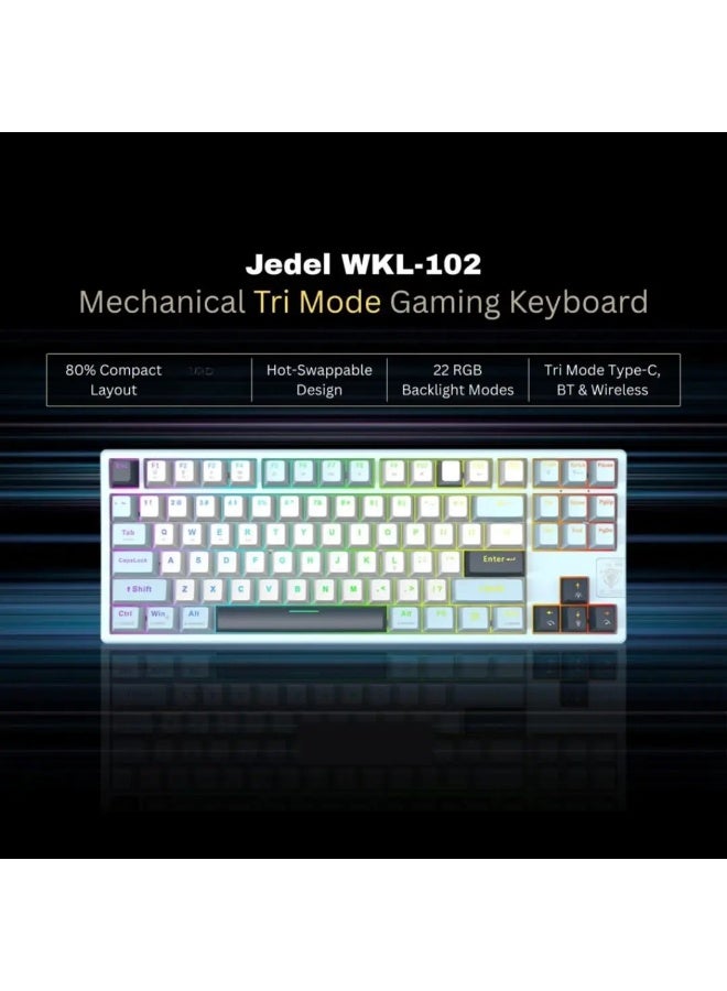 JeDEL WKL102 3-Mode Wireless, Bluetooth & Wired Gaming Mechanical Keyboard - Hotswapple DRINKERY Blue Switches - Rainbow LED Lighting - Full Keys Anti Ghosting - Image 3